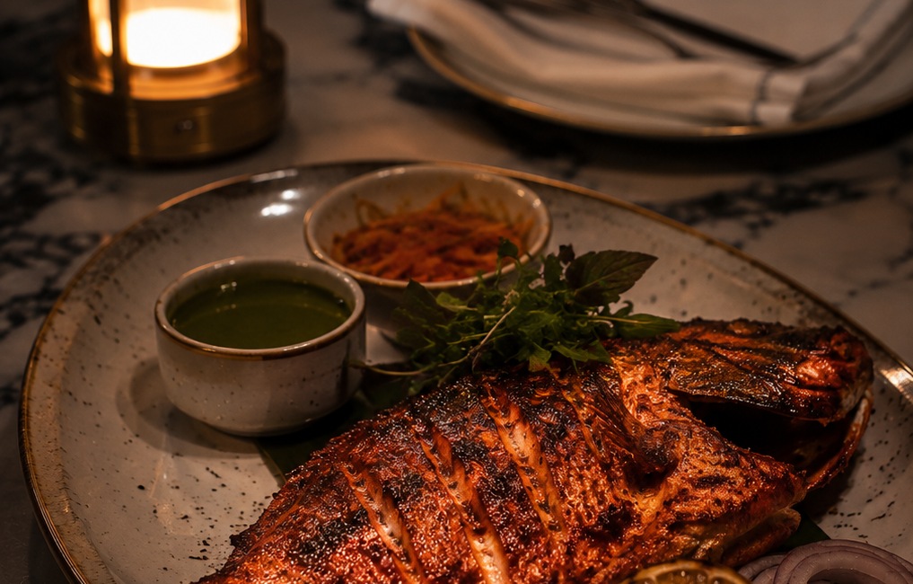 riverside tandoori fish Whole fish marinated in yoghurt, lemon, ginger, garlic & tandoori spices, then roasted in the clay oven for smoky skin & moist flesh.