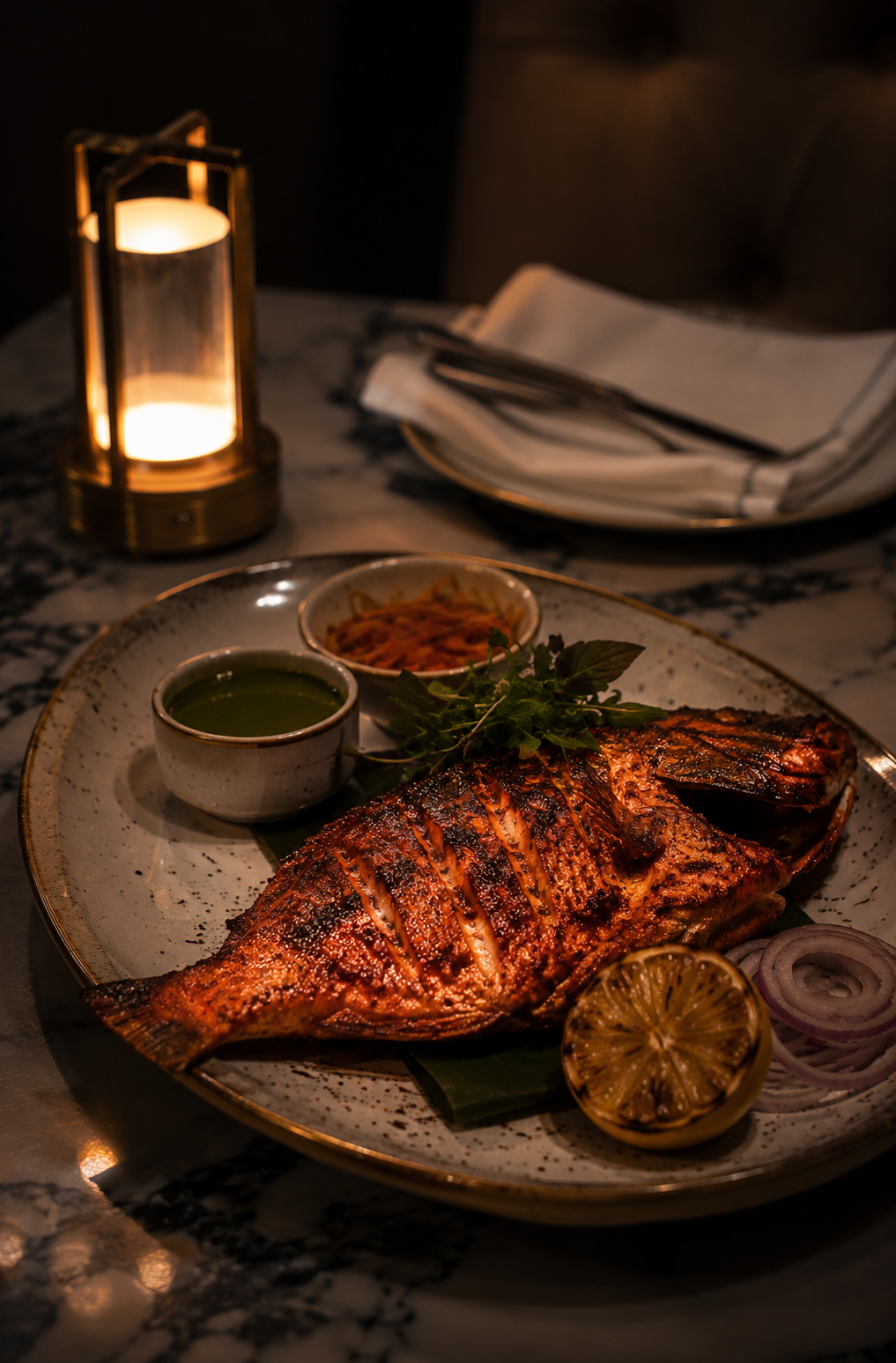 riverside tandoori fish Whole fish marinated in yoghurt, lemon, ginger, garlic & tandoori spices, then roasted in the clay oven for smoky skin & moist flesh.
